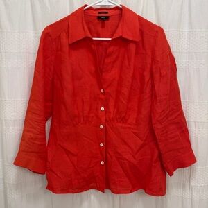 Talbots Linen V-Neck Buttondown Orange Womens 12 Shirt 3/4 Sleeve Irish Linen